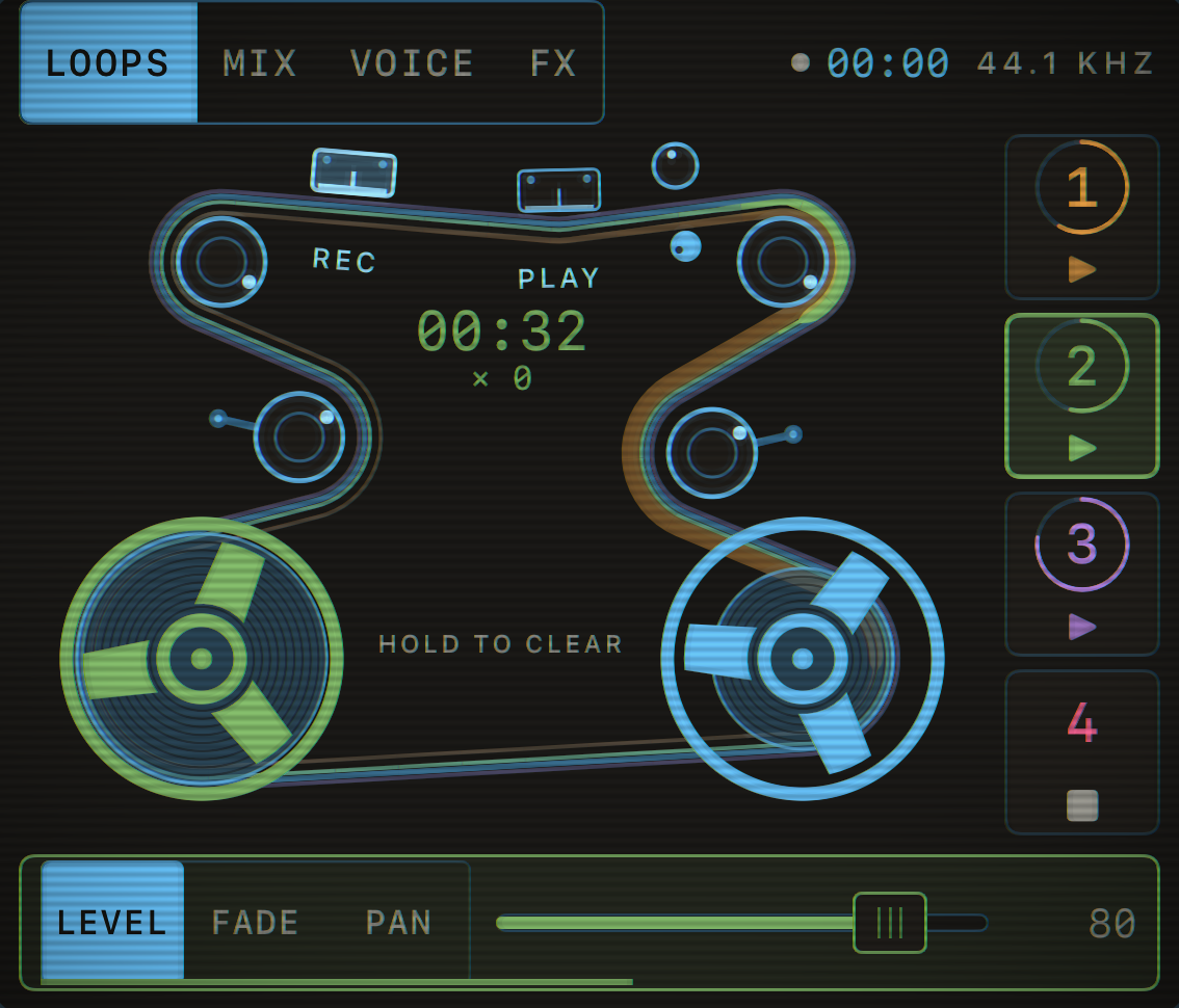 Capstan’s tape deck: two reels, two idlers and three loops running in their channel colours, with a loop-position ring on each channel chip