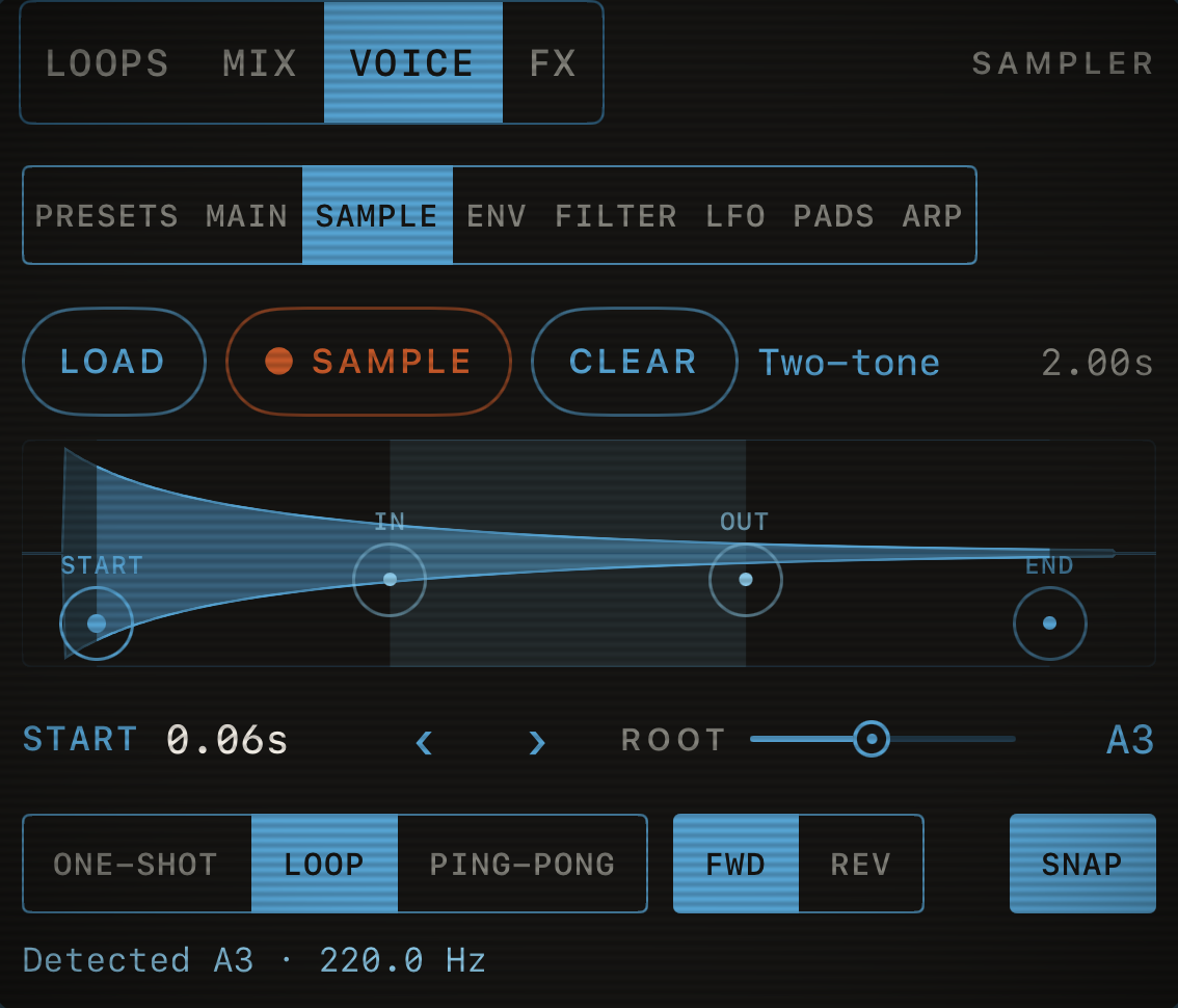 Capstan’s SAMPLE editor: a waveform with start, loop and end handles, loop modes and the detected root note