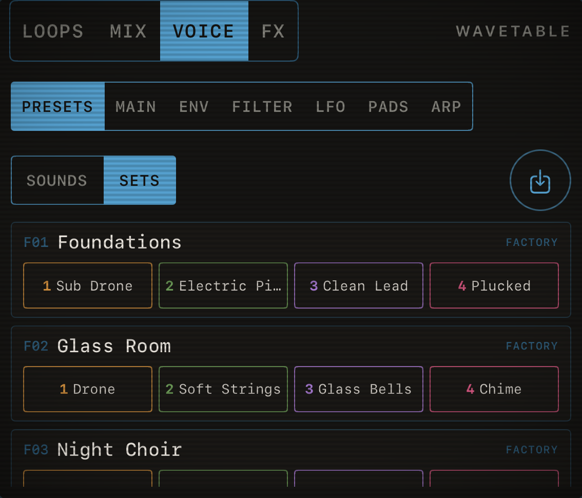 Capstan’s SETS list: factory sets, each showing the four sounds it puts on channels 1 to 4