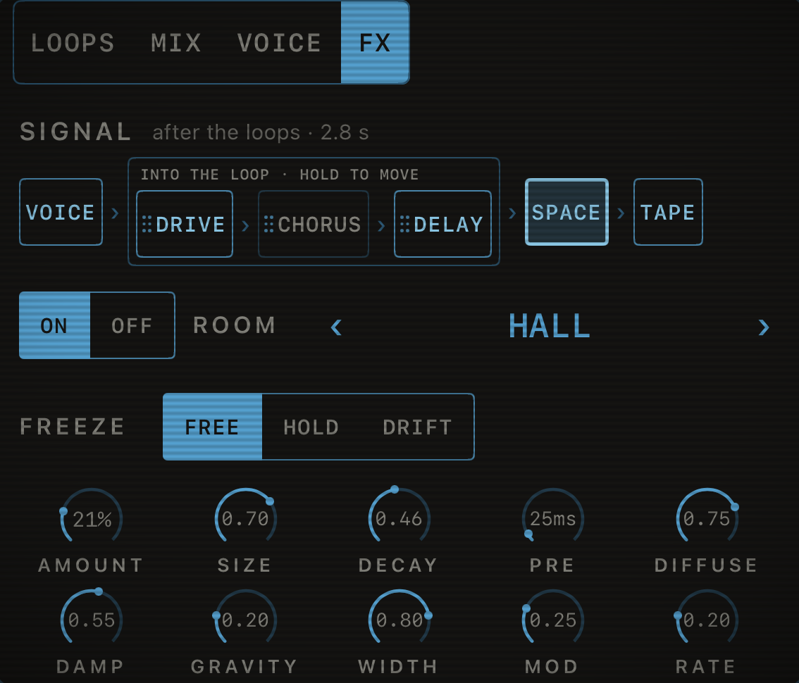 Capstan’s SPACE reverb on the FX pane: the HALL model, a freeze switch and ten flat dials