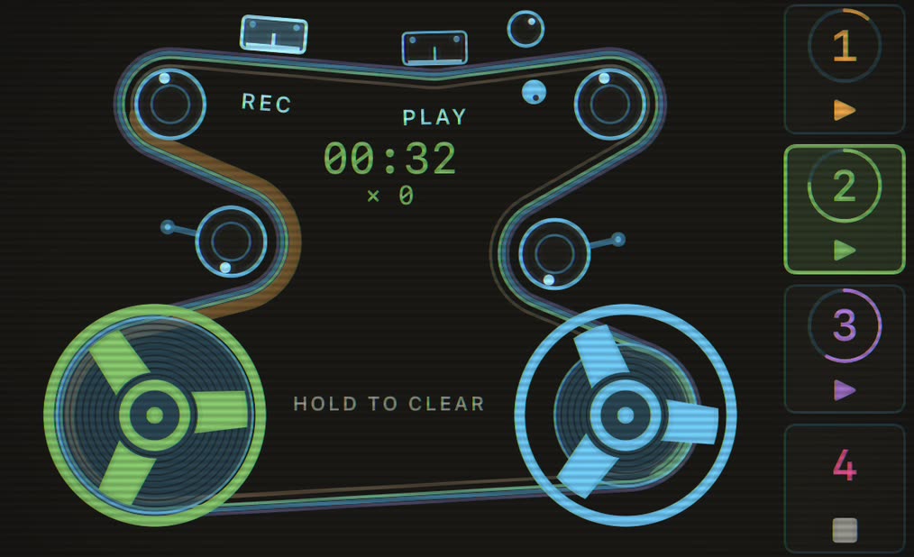 Capstan’s tape rig glowing phosphor blue, four belts in the loop colours