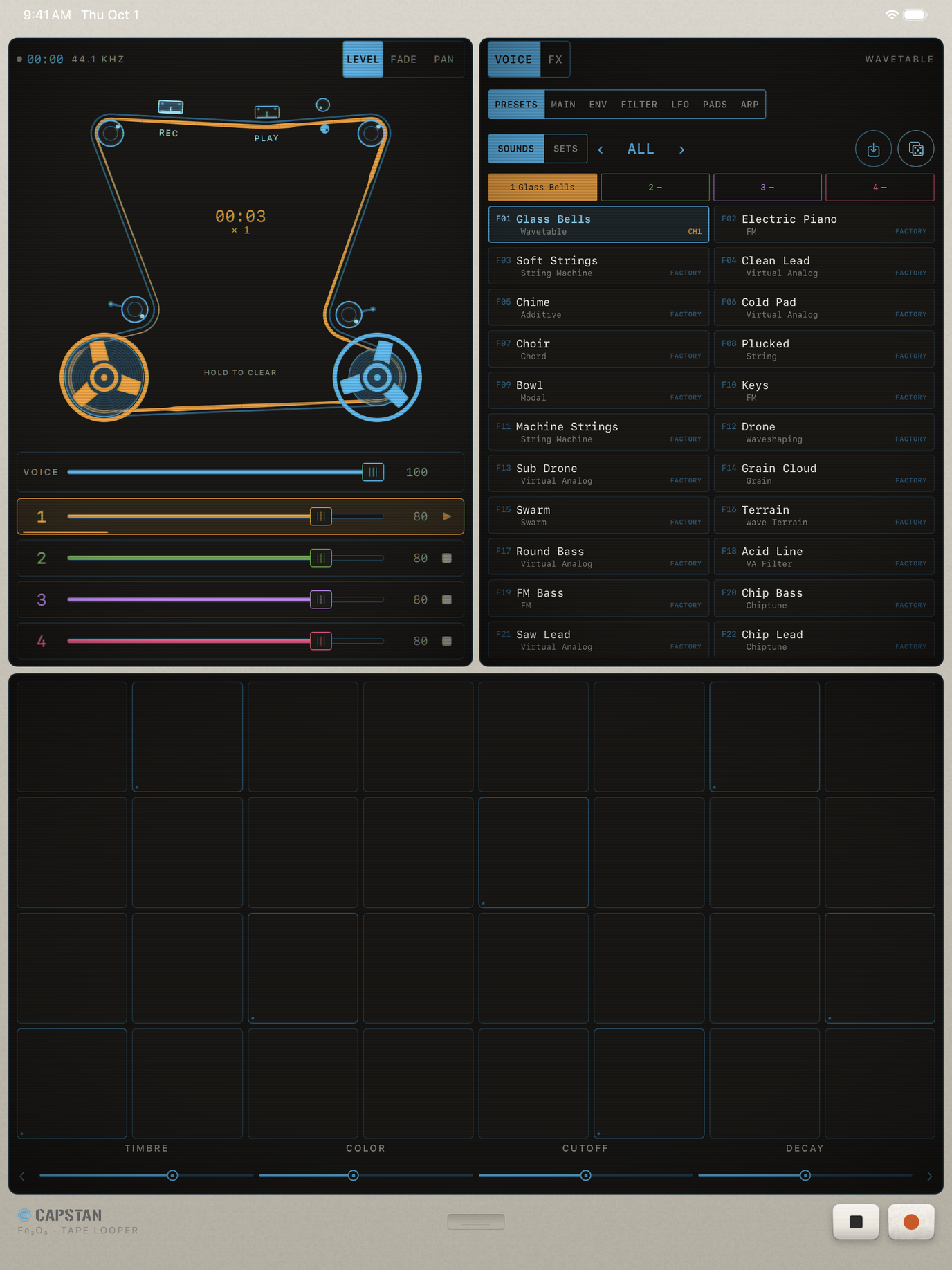 Capstan on iPad: the deck and faders, the sound bank beside them, and a thirty-two-pad play surface below