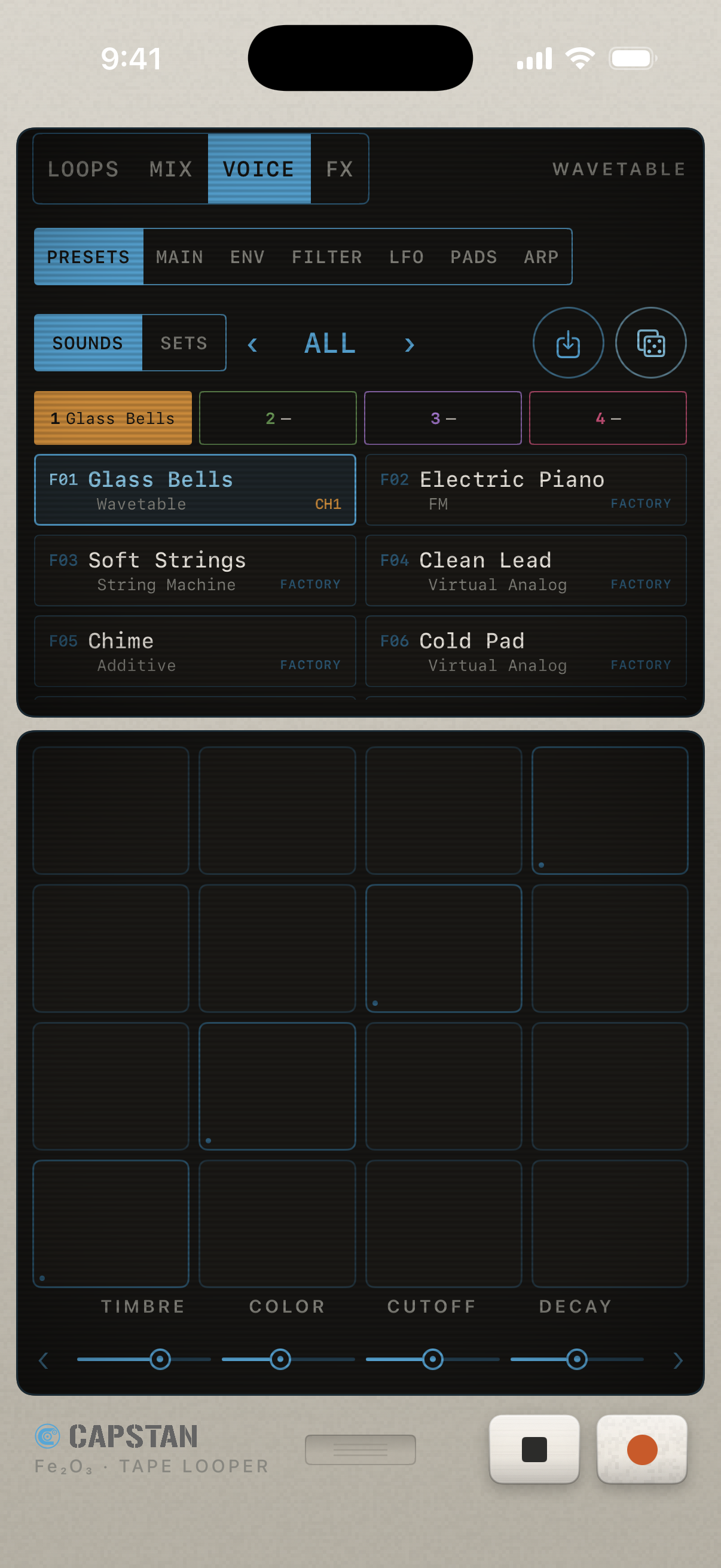 Capstan’s SOUNDS bank: factory sounds by engine, with the four channel tags above