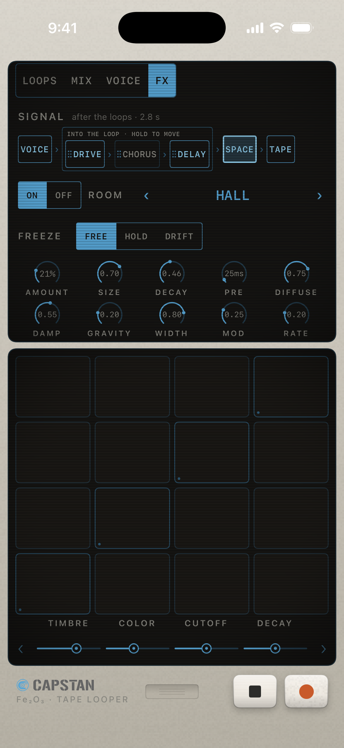 Capstan’s FX pane: the signal strip with the three movable stages bracketed, and the SPACE reverb’s dials