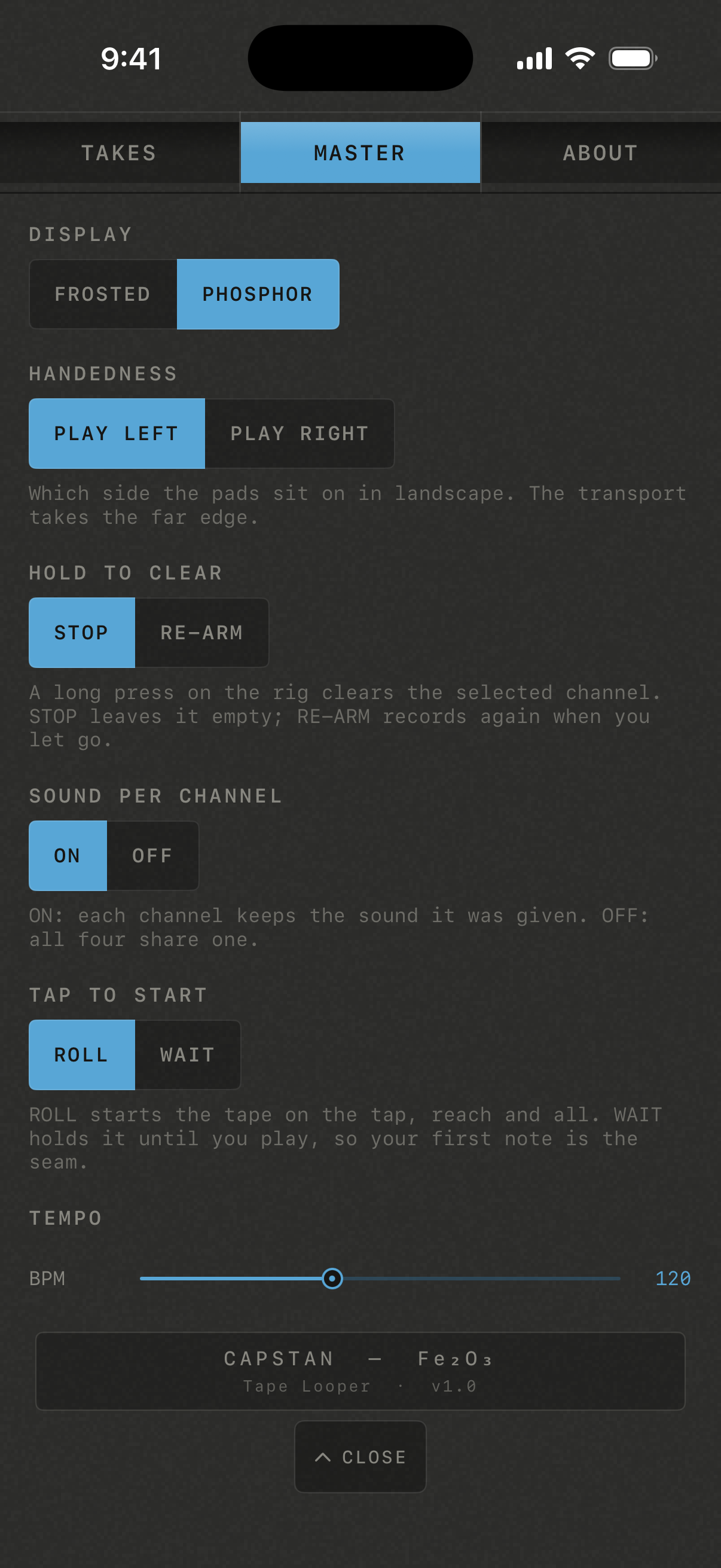 Capstan’s back panel: display, handedness, hold to clear, sound per channel, tap to start and tempo