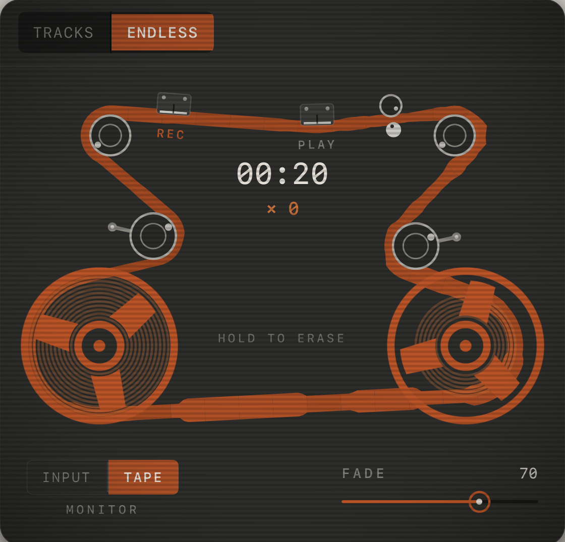 Oxyde in ENDLESS mode: the live tape loop running round the seven-circle rig, with MONITOR and FADE beneath