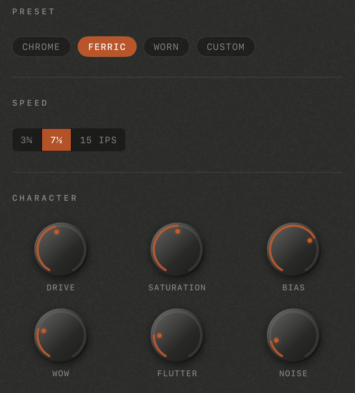 Oxyde’s TAPE panel: Chrome, Ferric, Worn and Custom presets, a 3¾ / 7½ / 15 ips speed switch, and six knobs