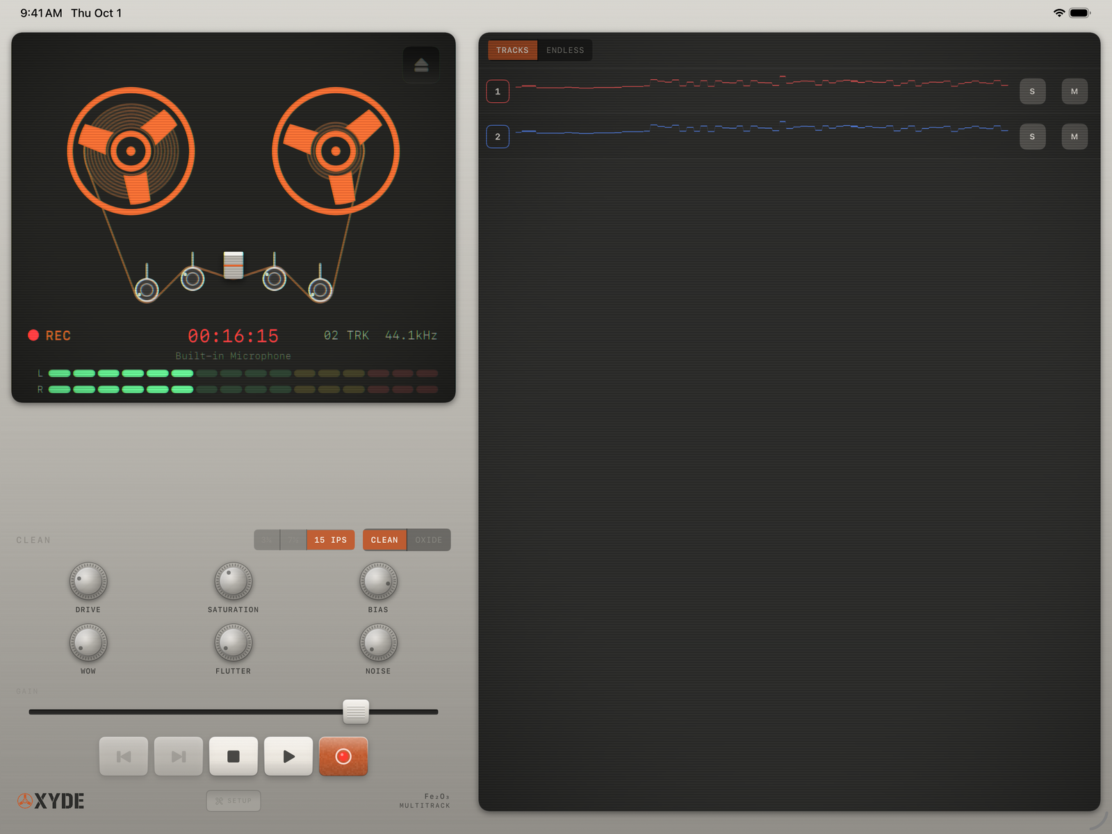 Oxyde on iPad in landscape, recording: the deck, meters and tape knobs on the left, two tracks on the right