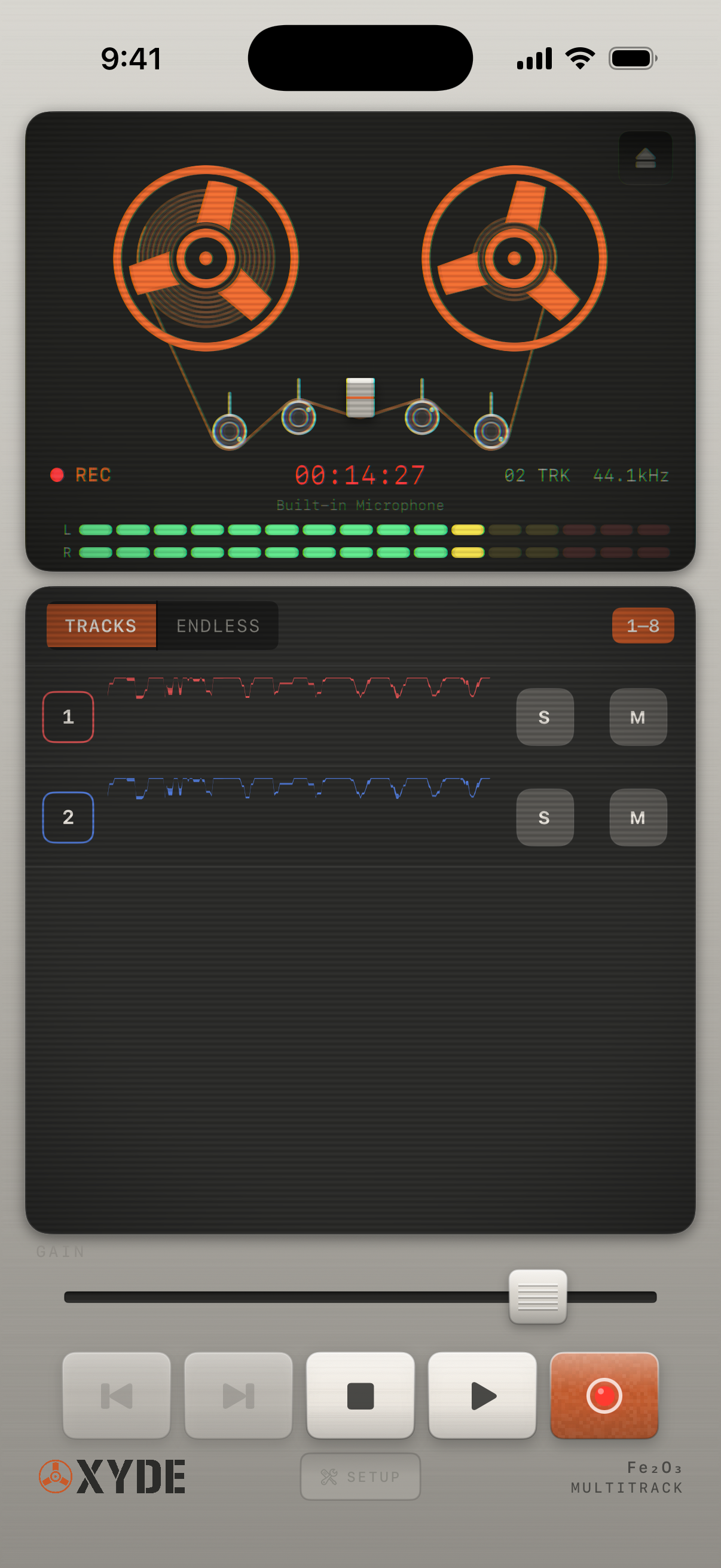 Oxyde recording: REC lit, the meters live and two tracks filling in