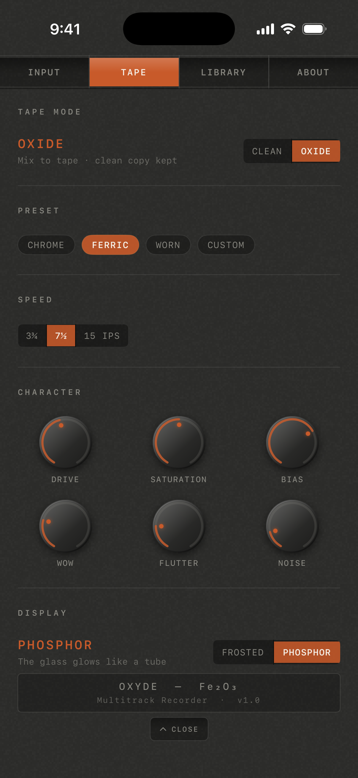 Oxyde’s TAPE panel set to OXIDE with the Ferric preset at 7½ ips