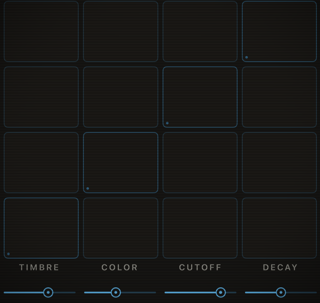 Capstan’s 4×4 pad grid with the TIMBRE, COLOR, CUTOFF and DECAY controls beneath it