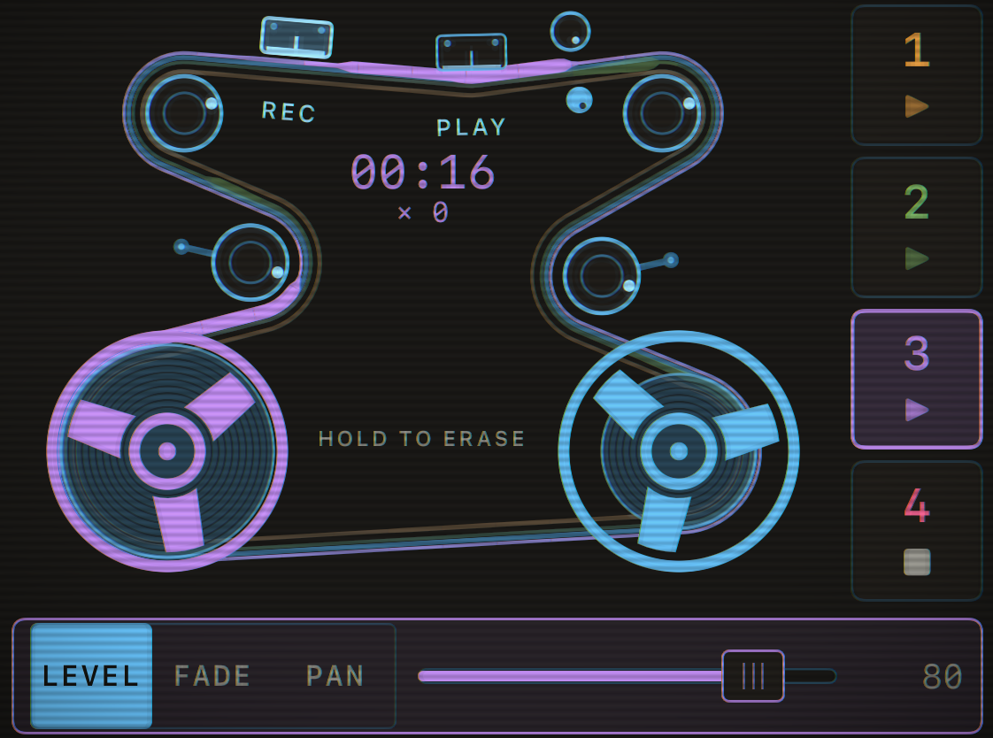 Capstan’s tape rig: two reels, two idlers and four nested tape belts in the channel colours