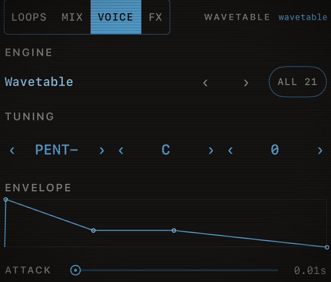 Capstan’s VOICE pane: engine, tuning and envelope