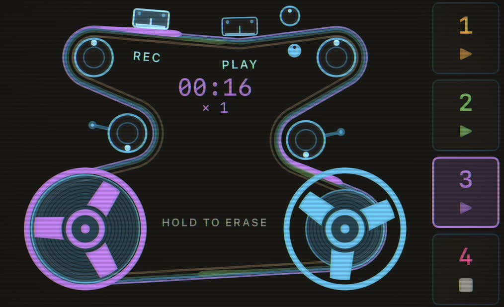 Capstan’s tape rig glowing phosphor blue, four belts in the loop colours