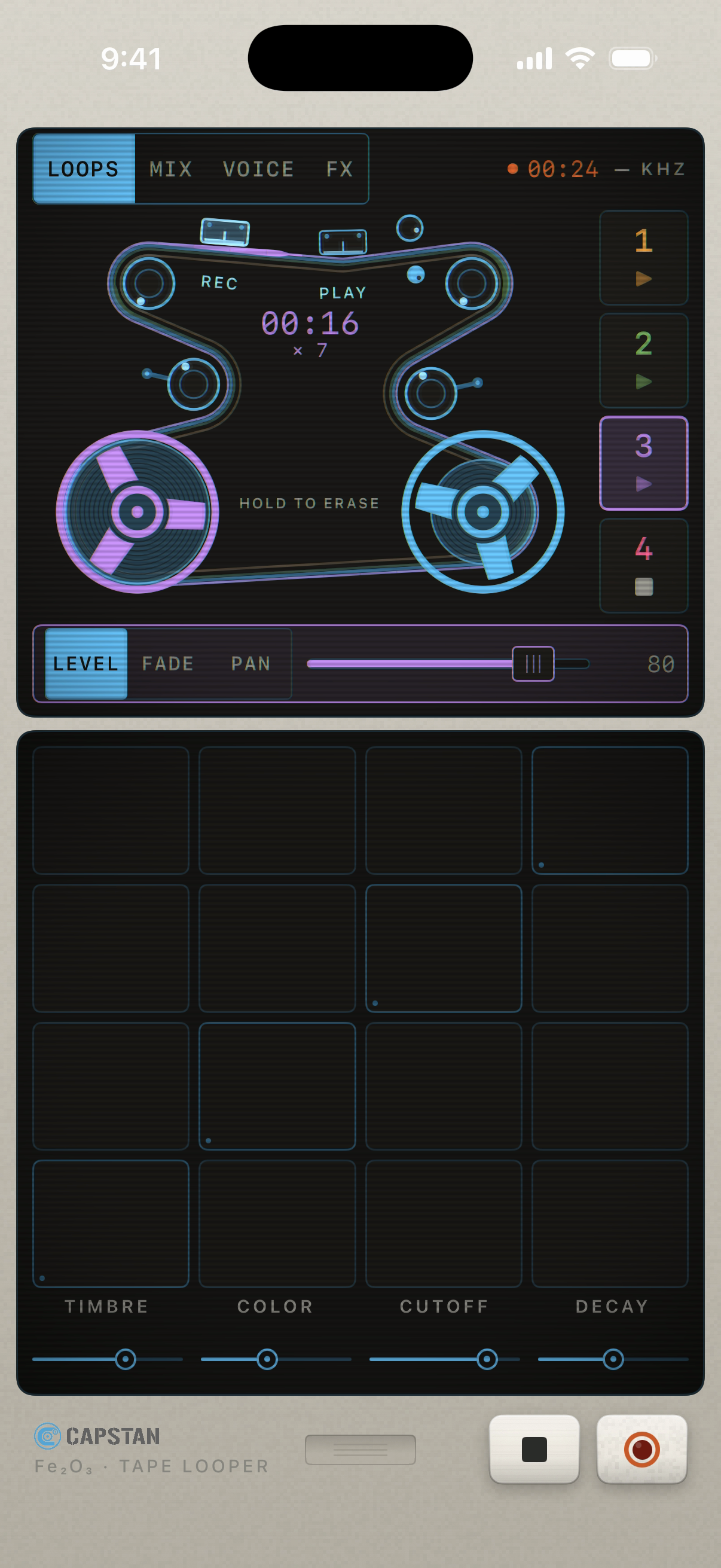 Capstan with three loops running on the rig, the master recorder rolling and the pad grid below