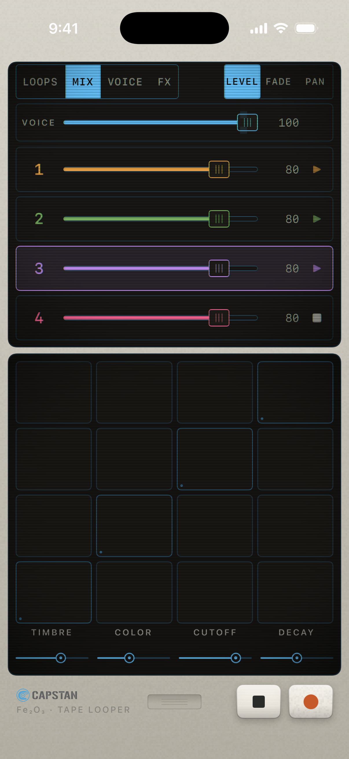 Capstan’s MIX pane: the voice fader and four channel faders in the loop colours