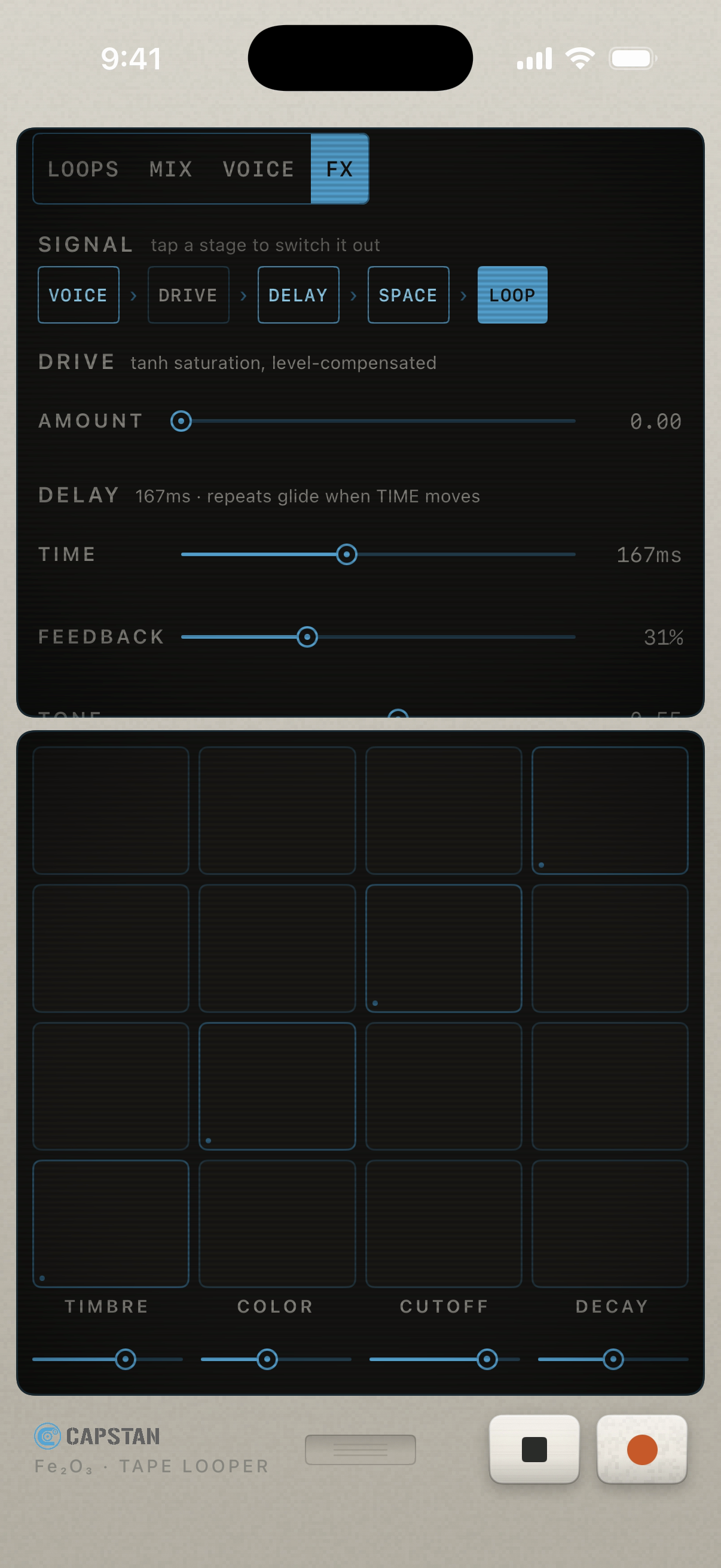 Capstan’s FX pane: the VOICE → DRIVE → DELAY → SPACE → LOOP signal chain