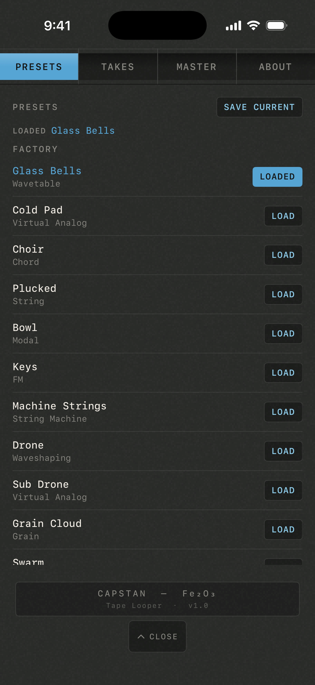 Capstan’s back panel: the factory voice presets