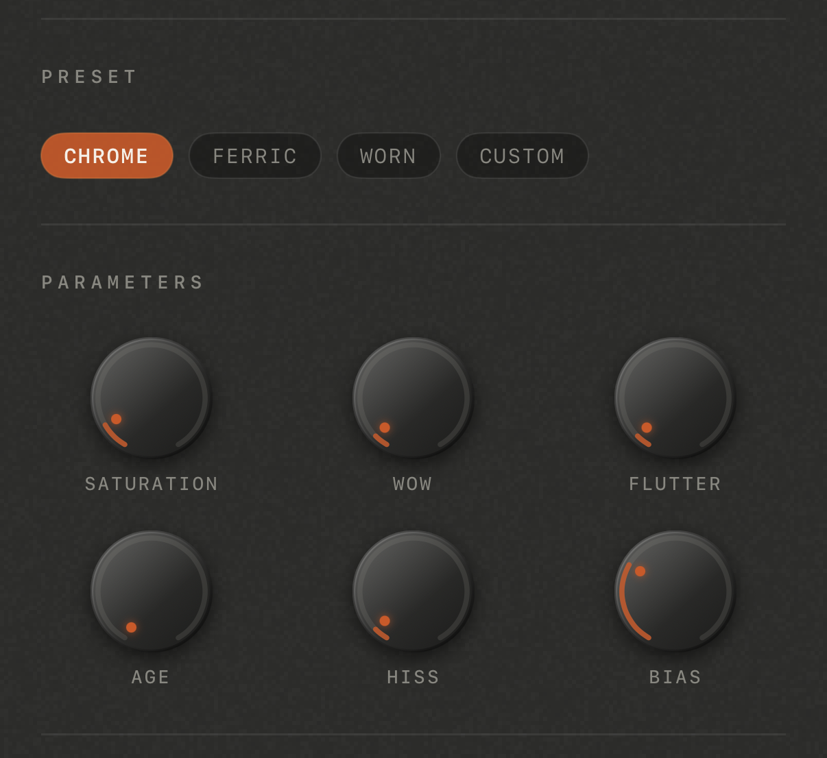Oxyde tape-character presets and parameter knobs — saturation, wow, flutter, age, hiss, bias